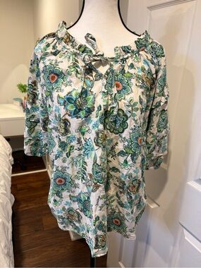 4OUR DREAMERS Boho Floral Peasant Blouse Cottagecore Blue Green Large